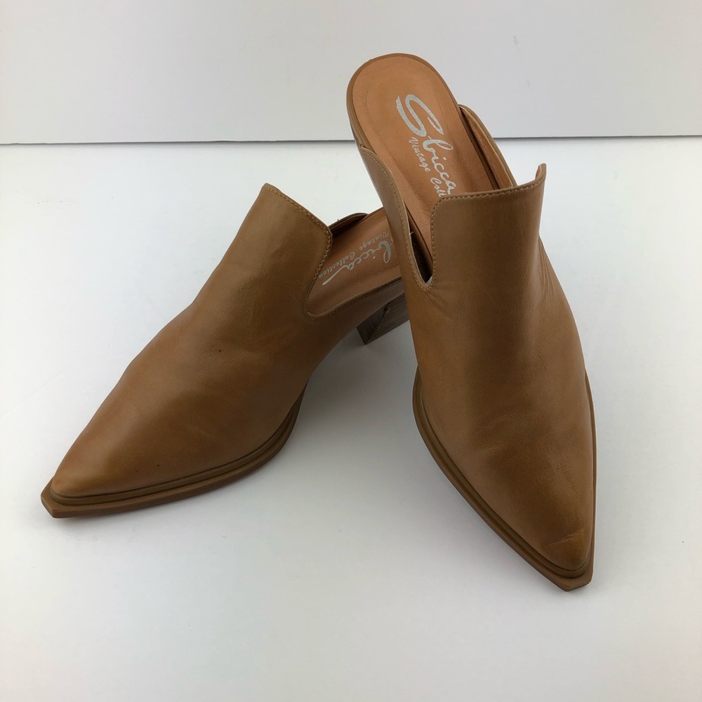 Sbicca Tan Leather Pointed Toe Mule Heels Shoes